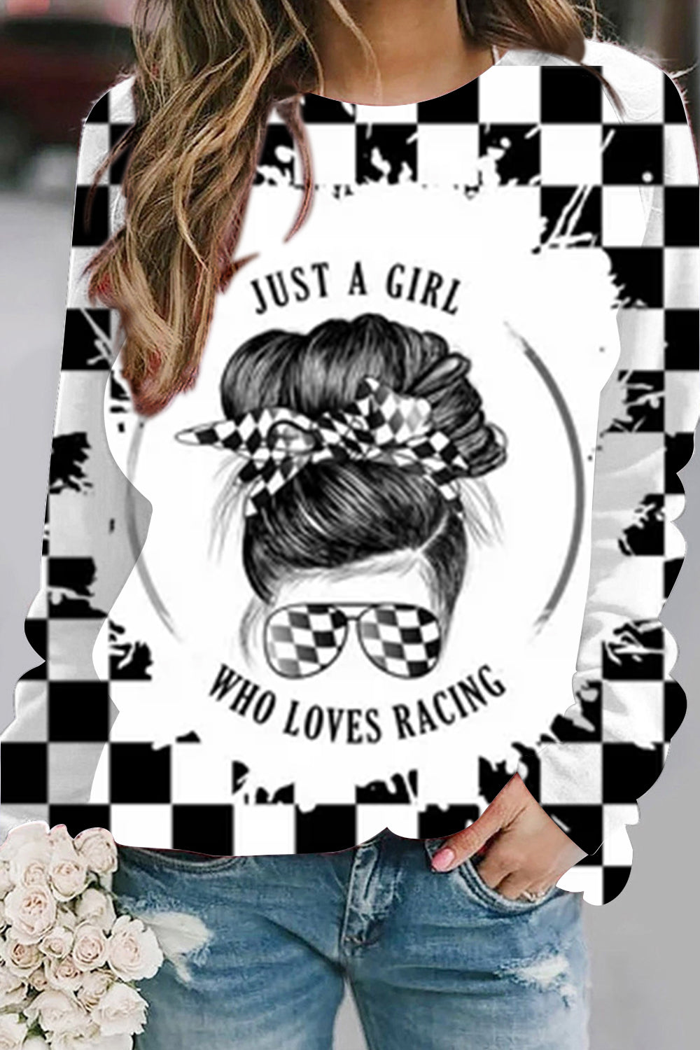 Just A Girl Who Loves Racing Print Sweatshirt