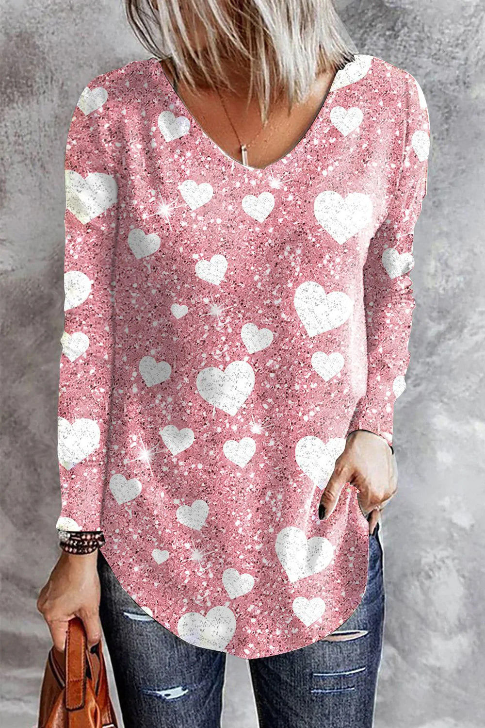 Pink Glitter Love Heart-Shaped V-Neck Casual Long Sleeve T-shirt