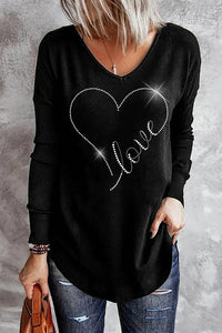 Love Heart V Neck Shift Casual Long Sleeve T-shirt