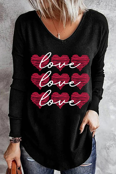 Love Print V Neck Long Sleeve T-shirt