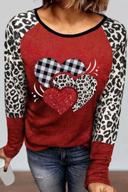 Plaid Leopard Heart Round Neck Sweatshirt