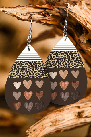 Leopard Striped Heart Water Drop Leather Earrings
