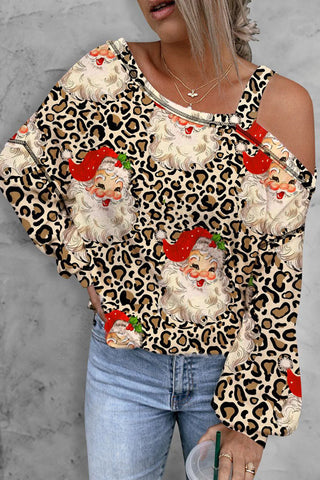 Leopard Print Gradient Print Christmas Blouse