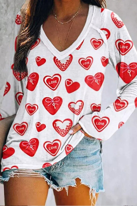 Love Heart Casual V-neck Long Sleeve Tee