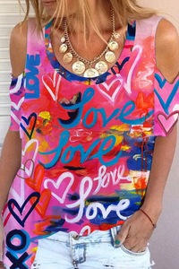 Colorful Graffiti Love Abstract Heart Cold Shoulder T-Shirt