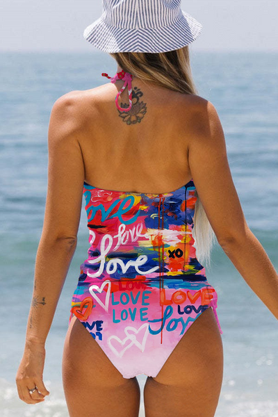 Colorful Graffiti Love Abstract Heart Halter Swimsuit