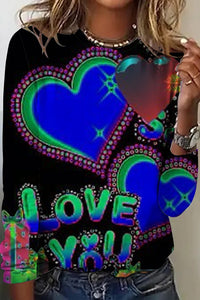 Love You Retro Bright Color Heart Print Long-Sleeved Sweatshirt