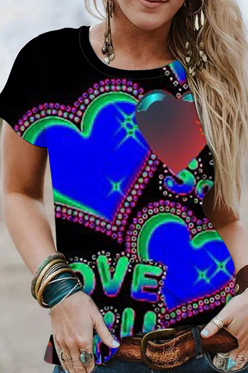 Love You Retro Bright Color Heart Print Short-Sleeved T-shirt