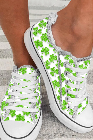 Watercolor Lucky Shamrock Plaid Lace Up Canvas Shoes Sneakers