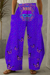 MArdi GRAS Mask Floral Font Purple Loose Pocket Pants