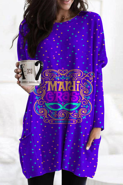 MArdi GRAS Mask Floral Font Purple Tunic with Pockets