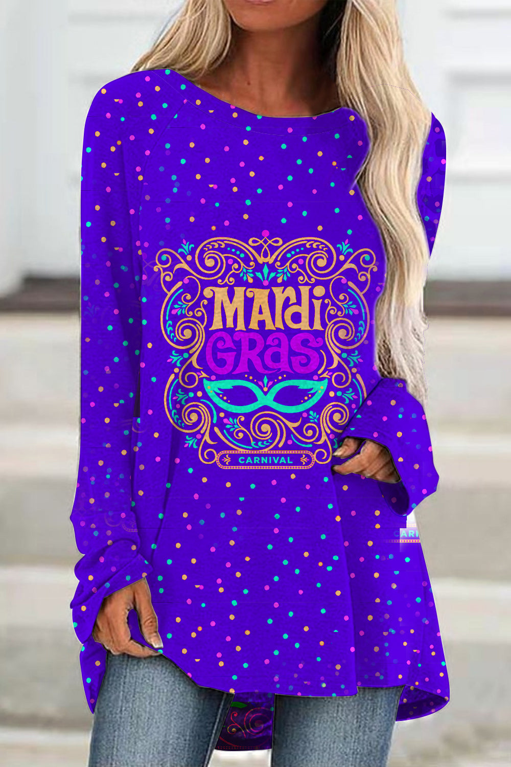 MArdi GRAS Mask Floral Font Purple Tunic
