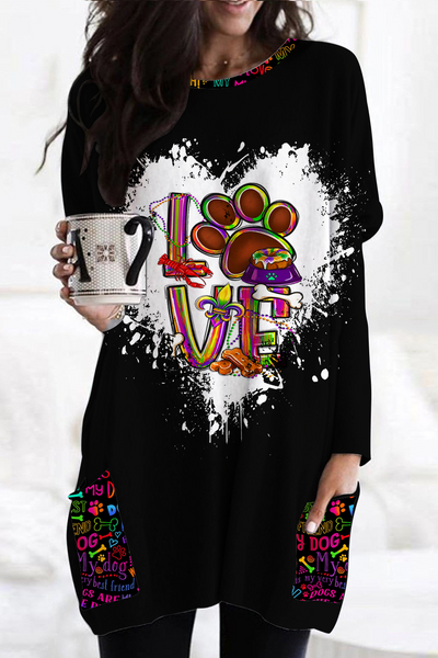 Mardi Gras Love Dog Colorful Pattern Loose Tunic With Pockets