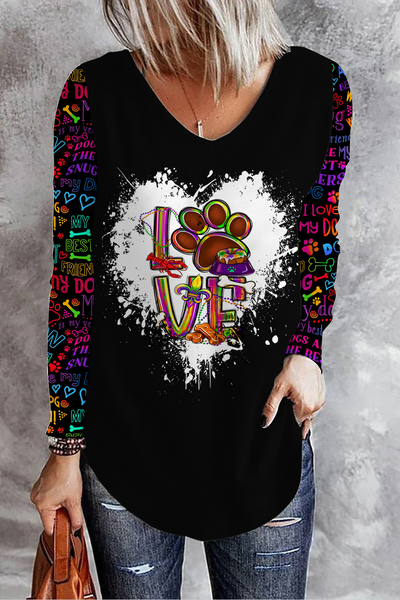 Mardi Gras Love Dog Colorful Pattern V Neck Casual Long Sleeve T-shirt