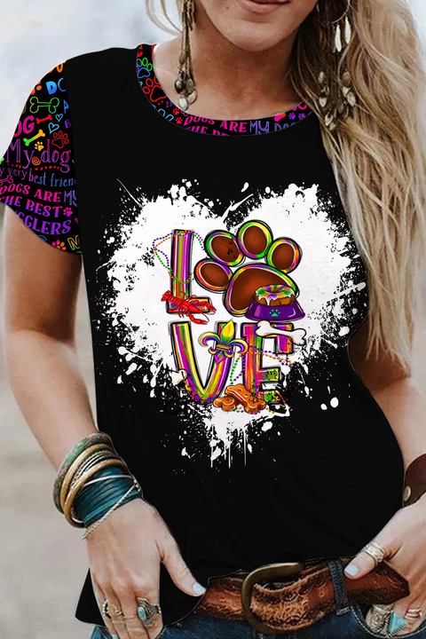 Mardi Gras Love Dog Colorful Pattern Short-sleeved T-shirt Top