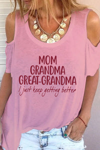 Mom Grandma Great-Grandma Print Cold Shoulder T-Shirt