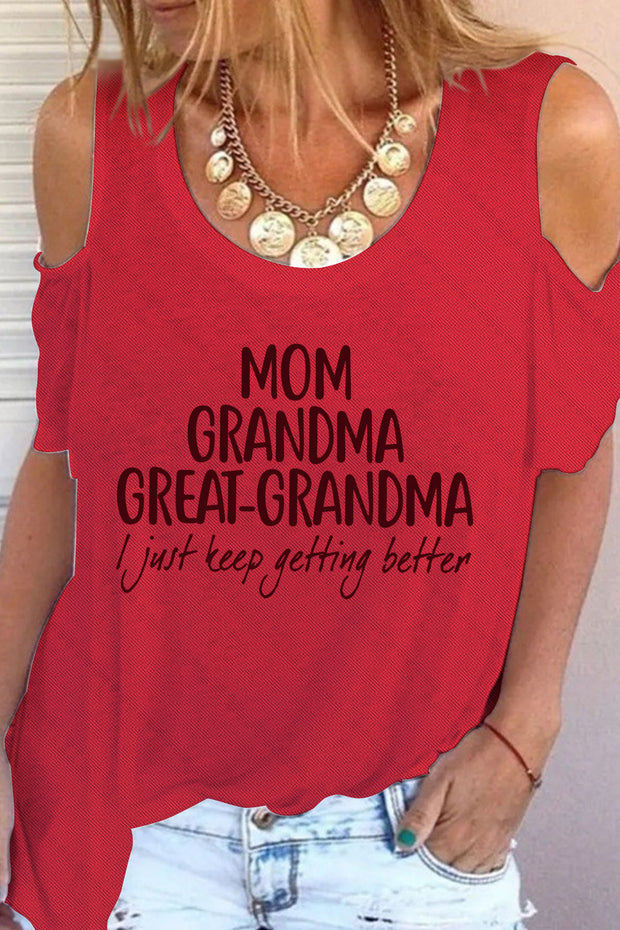 Mom Grandma Great-Grandma Print Cold Shoulder T-Shirt