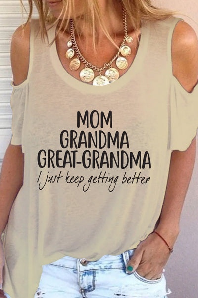 Mom Grandma Great-Grandma Print Cold Shoulder T-Shirt