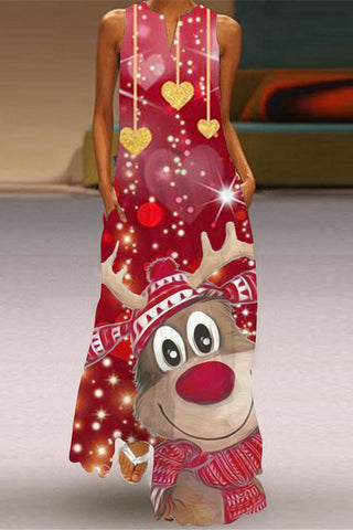 Moose Love Christmas Sleeveless Maxi Dress