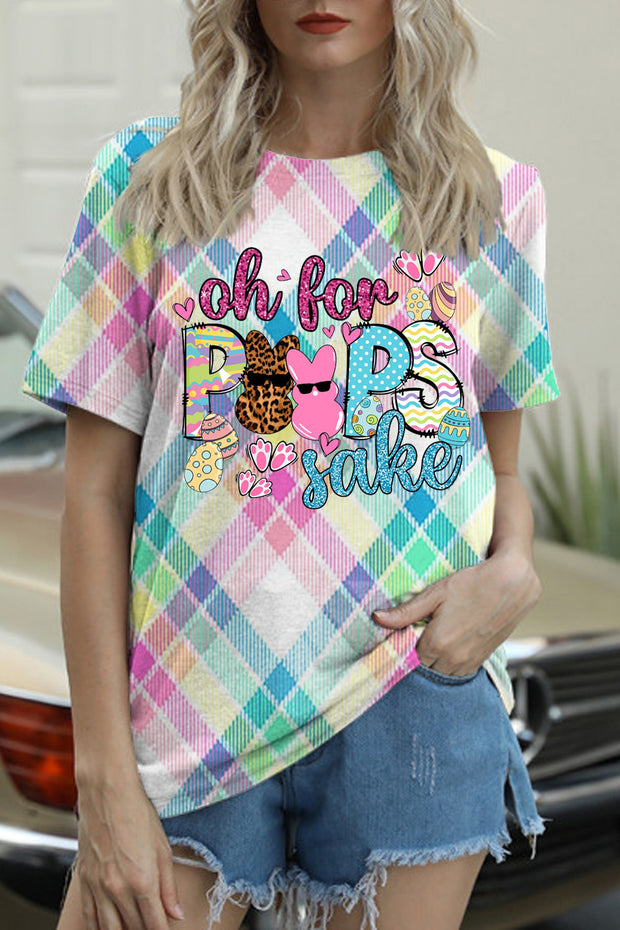 Oh For Peeps Sake Funny Easter Bunny Macarons Plaid Print Round Neck T-shirt