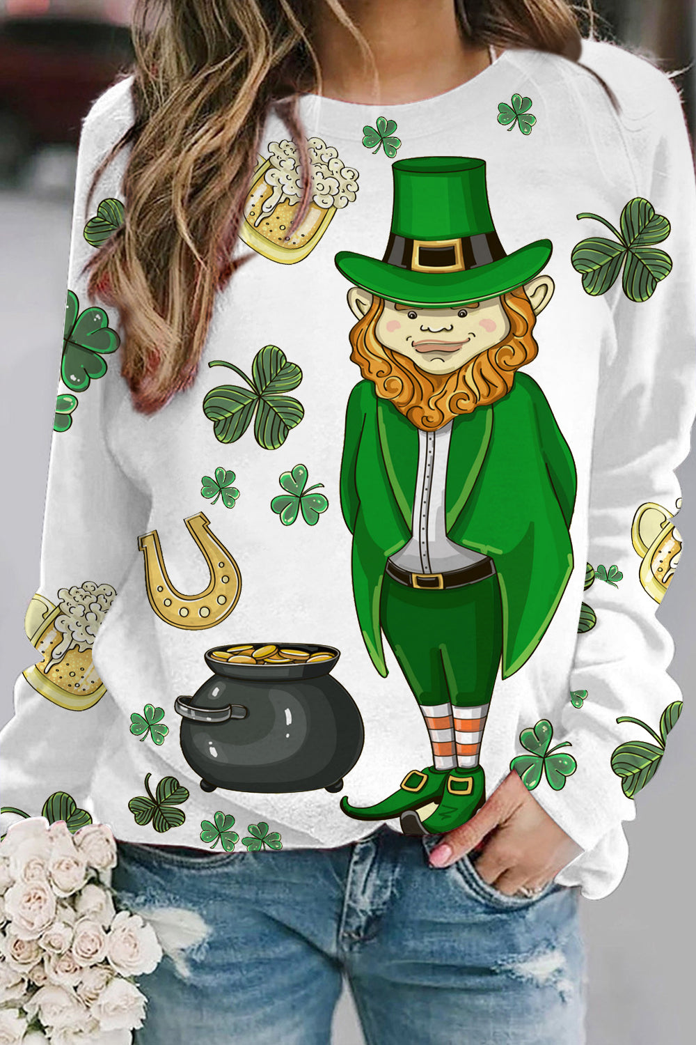 Original Illustration Cute Green Hat Villain Gold Coin Beer Clover Sweatshirt