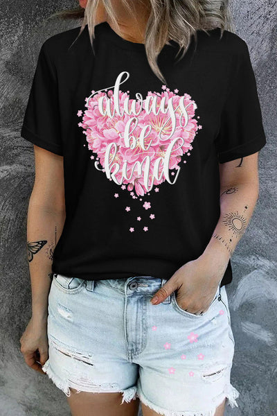 Pink Cherry Blossoms Floral Heart-Shaped Be Kind T-Shirt