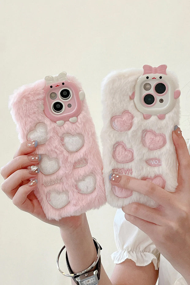 Pink Heart-Shaped Cute Plush Phone Case