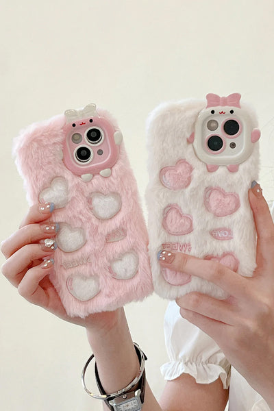 Pink Heart-Shaped Cute Plush Phone Case