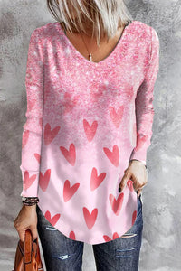 Pink Heart-Shaped Graphic V-Neck Shift Casual Long Sleeve T-shirt