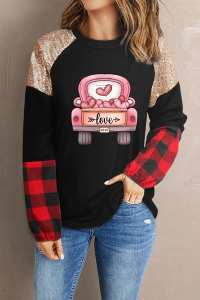 Pink Heart-Shaped Love Plaid Round Neck Shift Casual Sweatshirt