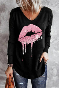 Pink Glitter Leopard Lips V-Neck Casual Long Sleeve T-shirt