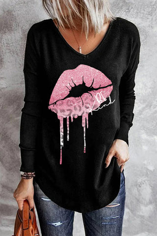Pink Glitter Leopard Lips V-Neck Casual Long Sleeve T-shirt