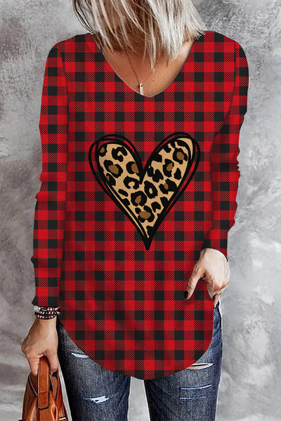Red Plaid Heart-Shaped Leopard V Neck Long Sleeve T-shirt