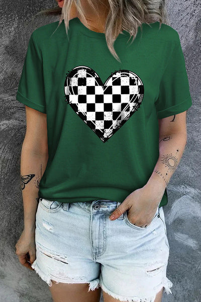 Plaid Heart Shape Print Short Sleeve T-Shirt
