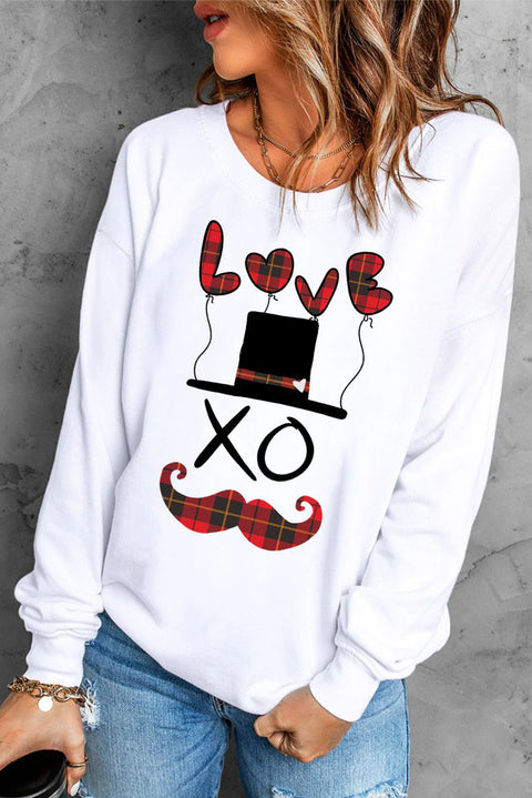 Plaid Love Letter Round Neck Casual Sweatshirt