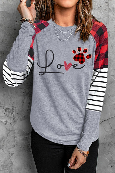 Plaid & Stripes Love Heart Footprints Graphic Sweatshirt