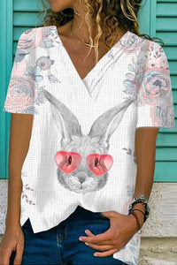 Pink Flower Pink Love Sunglasses Sketch Rabbit Head Fold V Neck Loose T-Shirt