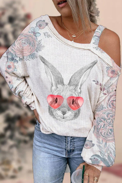 Pink Flower Pink Love Sunglasses Sketch Rabbit Head Off Shoulder Blouse