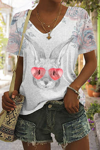 Pink Flower Pink Love Sunglasses Sketch Rabbit Head V Neck T-shirt