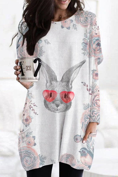Pink Flower Pink Love Sunglasses Sketch Rabbit Head Tunic with Pockets