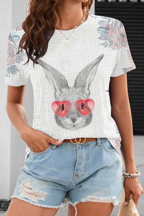 Pink Flower Pink Love Sunglasses Sketch Rabbit Head O Neck T-shirt