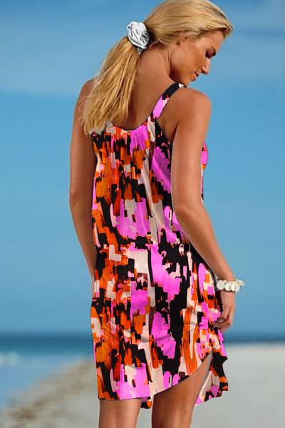 Pink and Brown Abstract Print Sleeveless Dress
