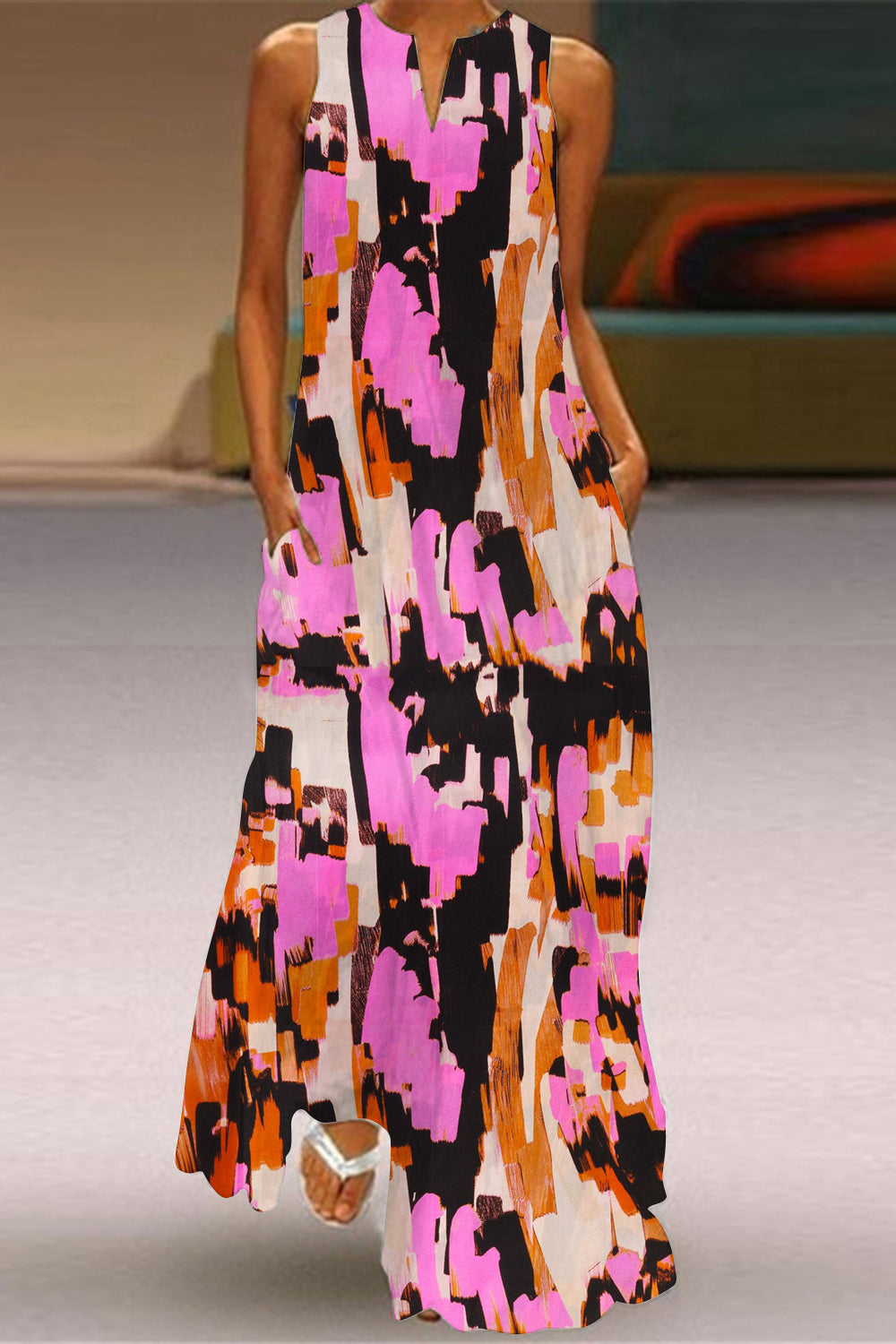 Vintage Pink-Brown Abstract Print Sleeveless Maxi Dress