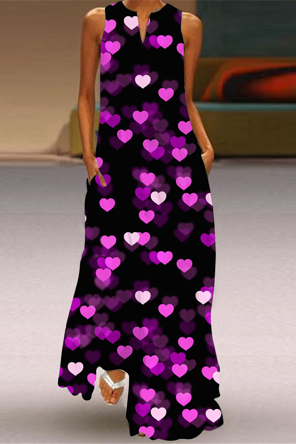 Neon Fancy Pink Purple Heart Print Sleeveless Maxi Dress