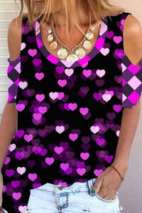 Neon Fancy Pink Purple Heart Print Cold Shoulder T-Shirt