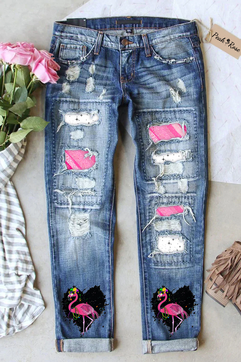 Pink glitter leopard print Mardi Gras Flamingo Denim Jeans