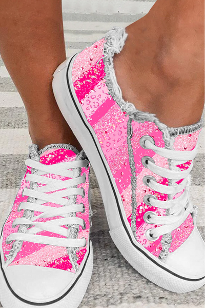 Pink glitter leopard print Mardi Gras Flamingo Lace Up Canvas Shoes Sneakers