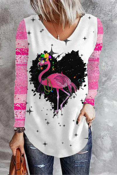 Pink glitter leopard print Mardi Gras Flamingo V Neck Casual Long Sleeve T-shirt