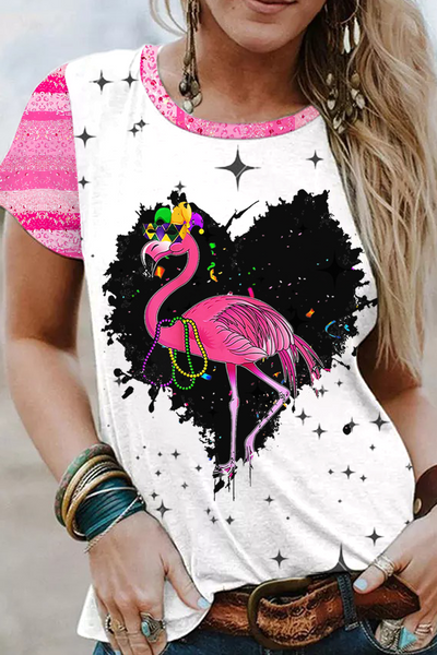 Pink glitter leopard print Mardi Gras Flamingo Short-sleeved T-shirt Top