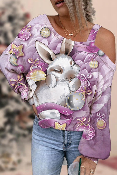 Purple Floating Ribbon Egg Cute Cartoon Rabbit Off Shoulder Blouse